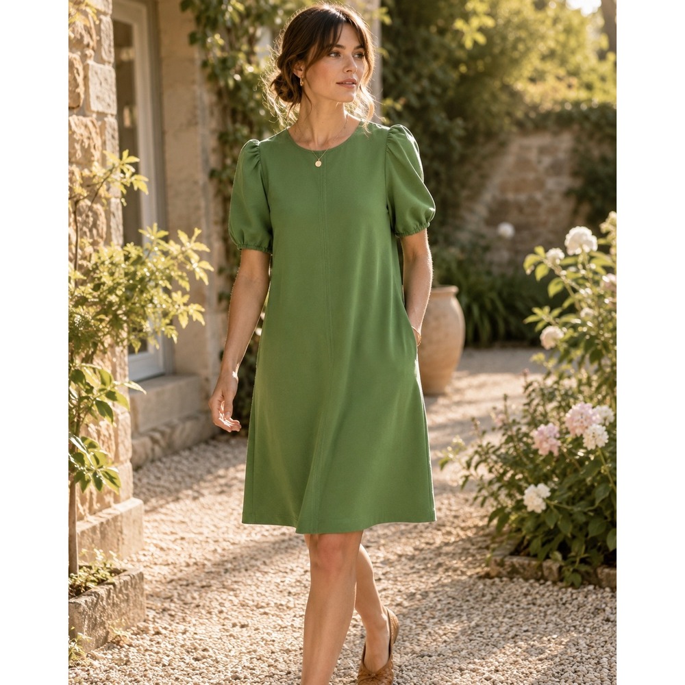 Boden Moss Green Ponte Shift Dress Puff Sleeve Seam Detail 2